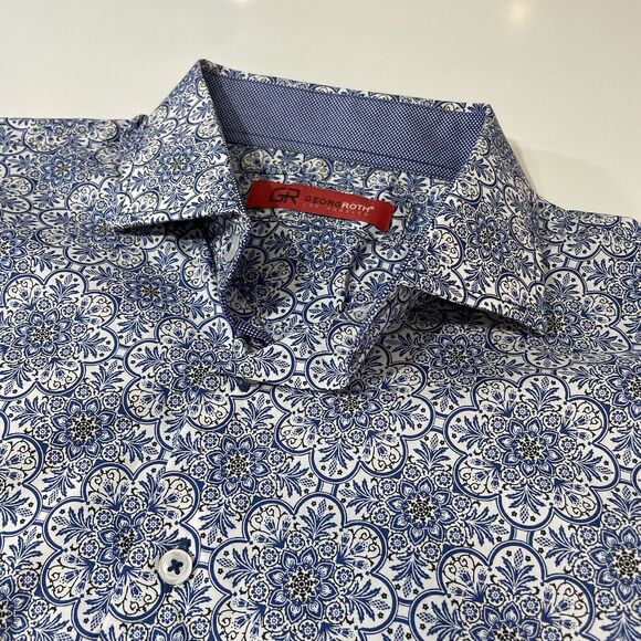GEORG ROTH Los Angeles Designer Men’s Paisley Dress Shirt Blue White Floral XL - Picture 4 of 9